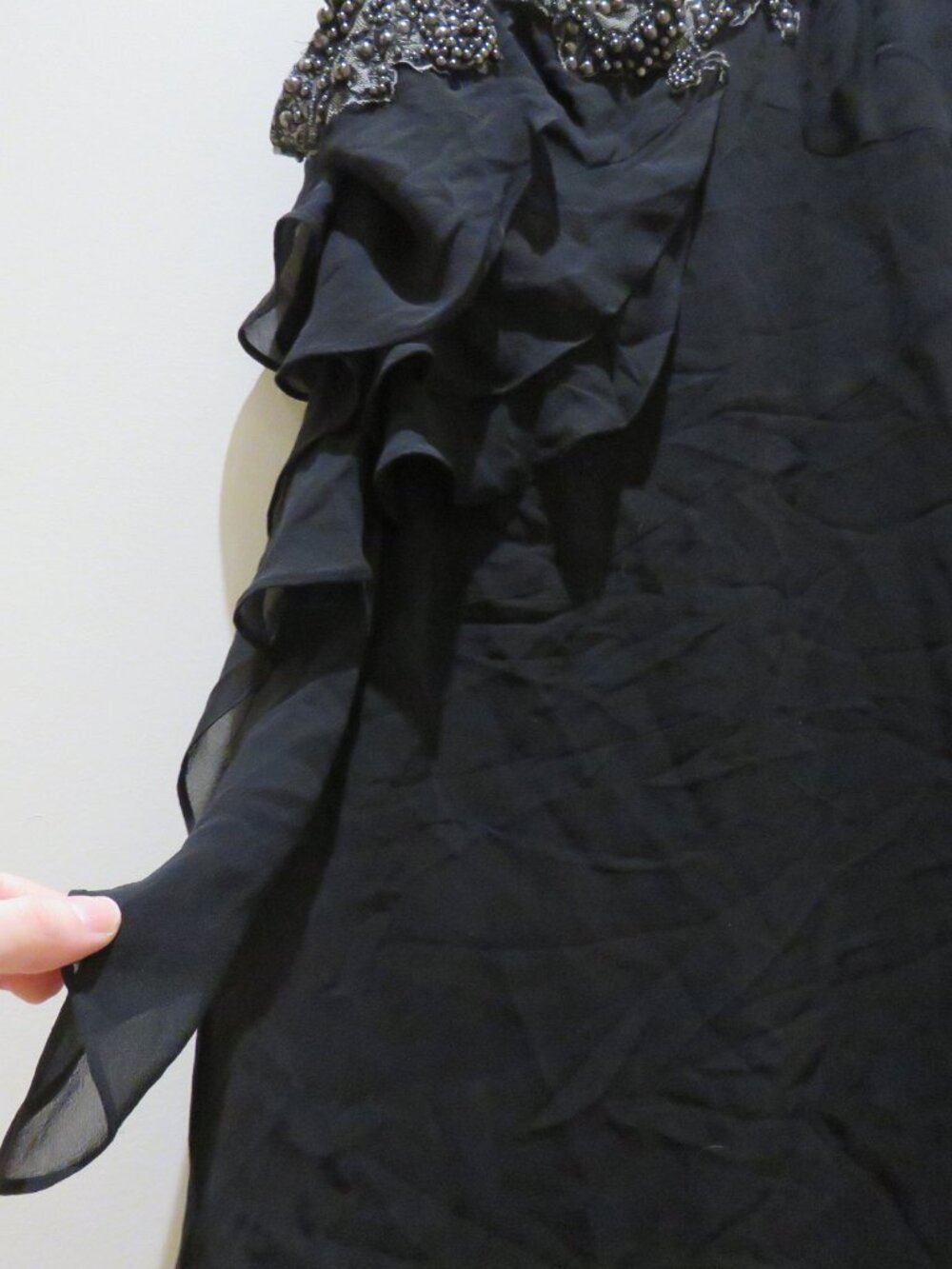 KAREN MILLEN 100% Silk Beaded Ruffle Chiffon Dress US 6 Whimsigoth Dark Romantic - Picture 10 of 16